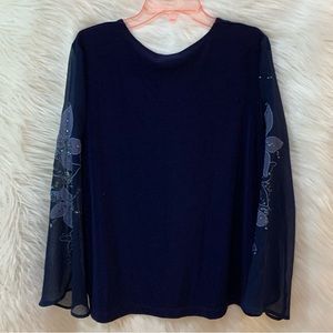 Picadilly Slinky Blouse Sheer Sleeves and Beaded detail Navy Medium